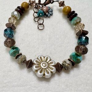 Boho/Artisan Czech Glass and stones Floral Beaded Bracelet